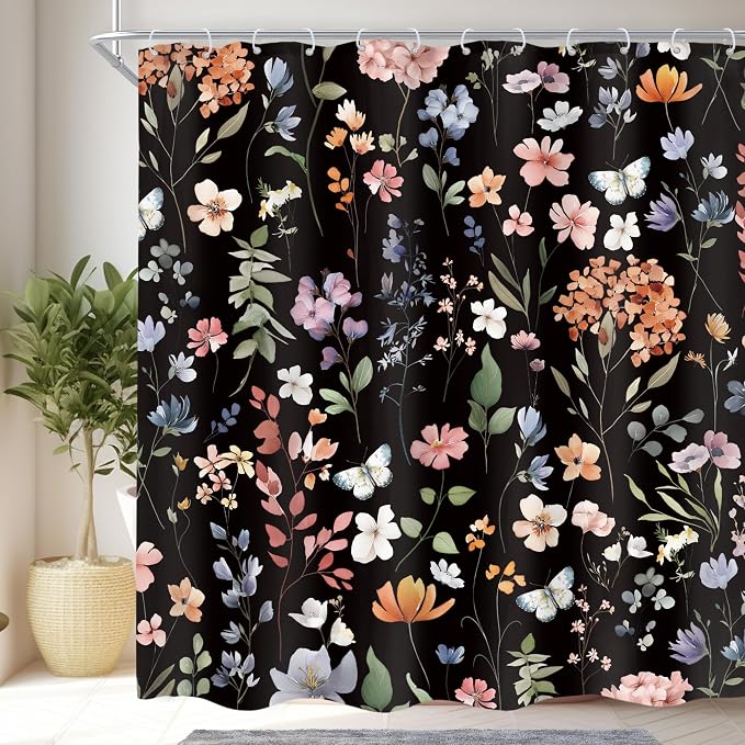 Black Flower Dark Floral Wildflower Leaves Leaf Bathroom Shower Curtain Set | 72"W x 72"H Vintage Botanical; waterproof HD print, quick-dry fabric and plastic hooks for easy setup.