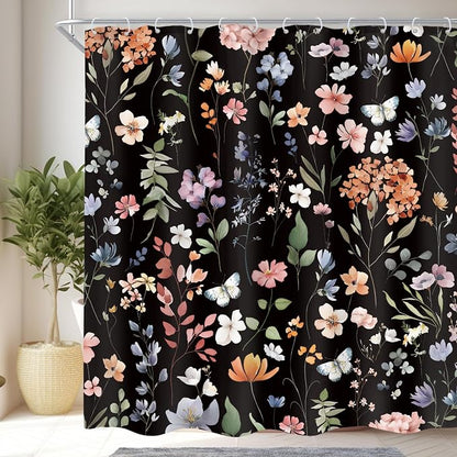 Black Flower Dark Floral Wildflower Leaves Leaf Bathroom Shower Curtain Set | 72"W x 72"H Vintage Botanical; waterproof HD print, quick-dry fabric and plastic hooks for easy setup.