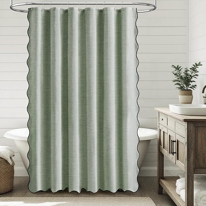 BTTN 72x96 Shower Curtain, Extra Long Scalloped Linen Textured Cute Heavy Duty Shower Curtain Set with Hooks, Tall Neutral Modern Luxury Waterproof Fabric Shower Curtains for Bathroom - Sage Green