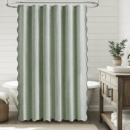 BTTN Sage Green Scalloped Shower Curtain, Linen Textured Boho Cute Fancy Fabric Shower Curtain Set with Plastic Hooks, Hotel Modern Luxury Waterproof Cloth Shower Curtains for Bathroom Bathtub, 72x72