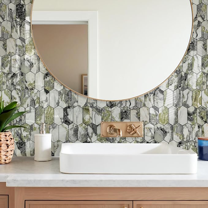 Vamos Tile Long Hexagon Peel and Stick Backsplash Tile - 10 Sheets Stick on Backsplash for Kitchen and Bathroom 12.4 x 12 Inch Glossy Ice Green PVC Self Adhesive Mosaic Wall Tiles