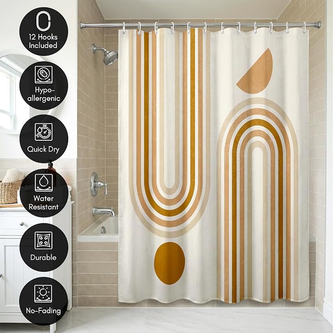 Americanflat 71x74 Boho Shower Curtain - Water-Resistant Long Shower Curtain with Durable Metal Grommets and 12 Hooks - 100% Polyester - Burnt Orange, Terracotta, Warm Sand and Cream