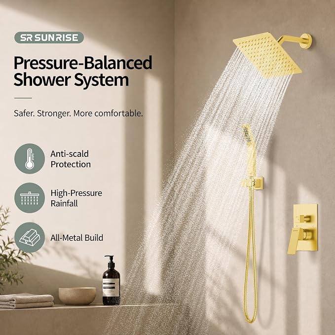 SR SUN RISE Shower System - Shower Faucet Set with 8 Inch Rain Shower Head and Handheld Shower - High Pressure Rain Shower System - All Metal Shower Faucet Trim Repair Kits - Brushed Gold