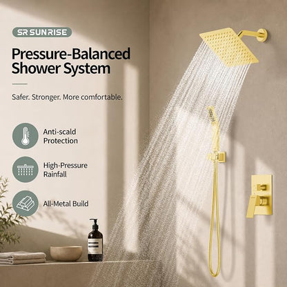 SR SUN RISE Shower System - Shower Faucet Set with 8 Inch Rain Shower Head and Handheld Shower - High Pressure Rain Shower System - All Metal Shower Faucet Trim Repair Kits - Brushed Gold