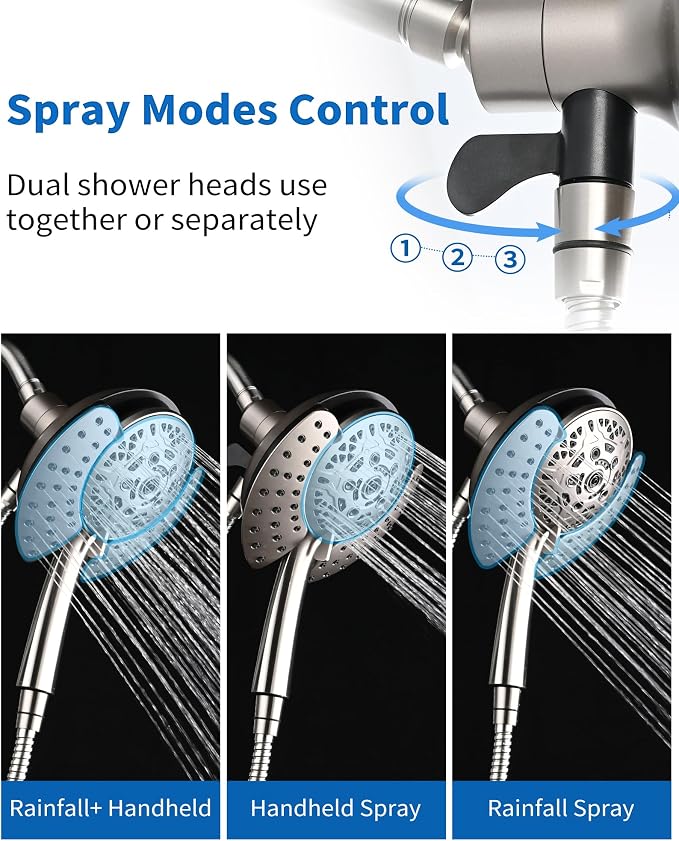 2 in 1 Shower Head with Handheld Combo High Pressure Nickel 1.8 GPM | 7.2" Rain Showerhead and 10 Spray Hand Held Shower, Adjustable Shower Angle, 59-inch Rotatable Stainless Steel Hose