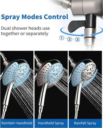 INAVAMZ 2 in 1 Shower Head with Handheld Combo High Pressure Nickel 1.8 GPM | 7.2" Rain Showerhead and 10 Spray Hand Held Shower, Adjustable Shower Angle, 59-inch Rotatable Stainless Steel Hose