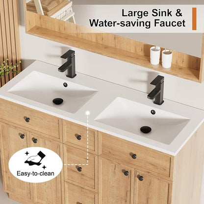 LUCKWIND 48" Farmhouse Bathroom Vanity with Sink Combo, Rustic Modern Bathroom Cabinet with Undermount Solid Surface Double Sink, Soft-Close Hinges & Water-Saving Faucet, Natural