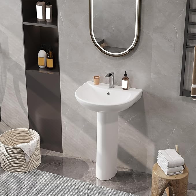 Bathroom Pedestal Sink 20 X 17 Inch | Ceramic Basin with Overflow, Single Faucet Hole, Space-Saving Design for Small Bathrooms