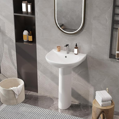 Bathroom Pedestal Sink 20 X 17 Inch | Ceramic Basin with Overflow, Single Faucet Hole, Space-Saving Design for Small Bathrooms