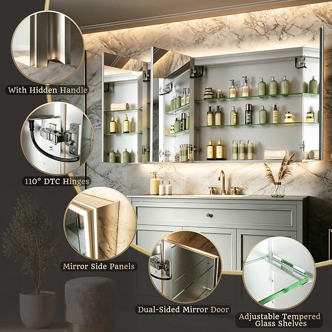 48x32 Lighted Medicine Cabinet, Separate Front & Back Lights | Surface/Recessed LED Medicine Cabinet for Bathroom with Side Mirrors, Dimmable Light, Anti-Fog, Memory,Silver Aluminum Frame