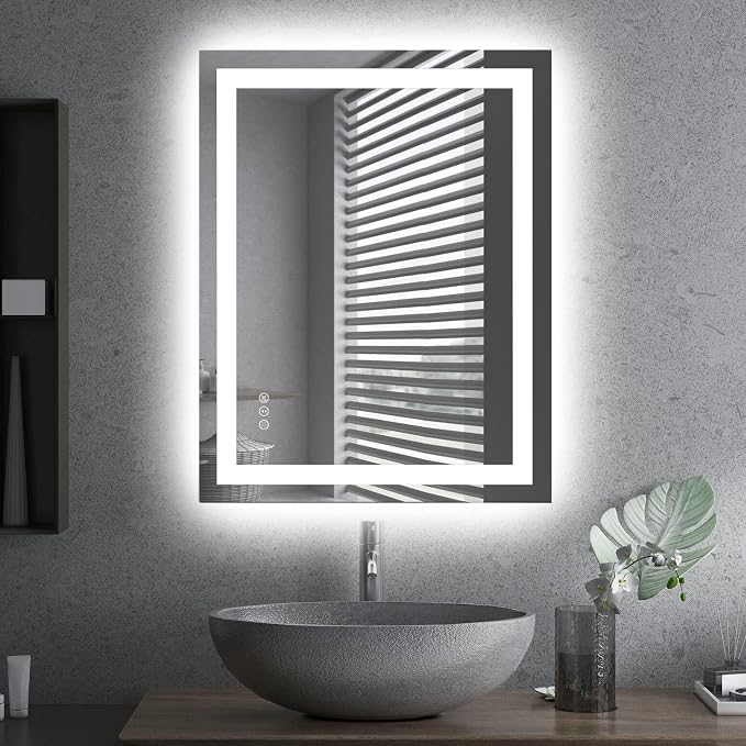 LED Bathroom Mirror, 28"X36" with Front Light and Backlit | Stepless Dimmable, Anti-Fog, Shatter-Proof, HD Reflection, Memory, 3 Colors Lighting, UL Listed (Horizontal/Vertical).