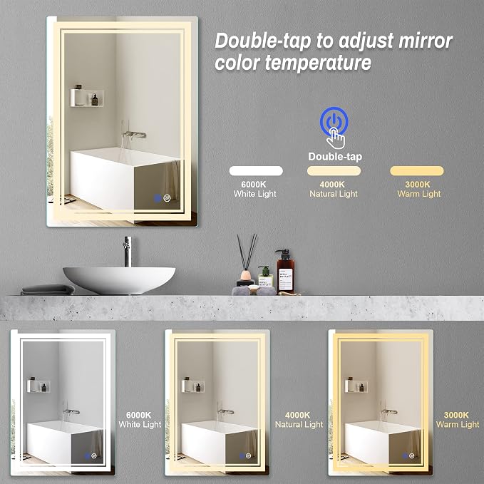 28"x 20" LED Bathroom Mirror Vanity Mirror | Anti-Fog+Dimmable+Color Temperature Adjustable+Switch-held Memory Led Wall Mirror for Bathroom, Vanity (Vertical/Horizontal)