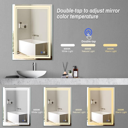 28"x 20" LED Bathroom Mirror Vanity Mirror | Anti-Fog+Dimmable+Color Temperature Adjustable+Switch-held Memory Led Wall Mirror for Bathroom, Vanity (Vertical/Horizontal)