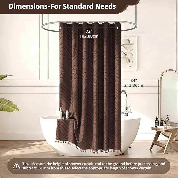 Extra Long Boho Shower Curtain, Woven Fabric 84 in Brown Shower Curtain, 72 x 84, Tufted Chevron Striped Modern Chic Textured Minimalist Bathroom