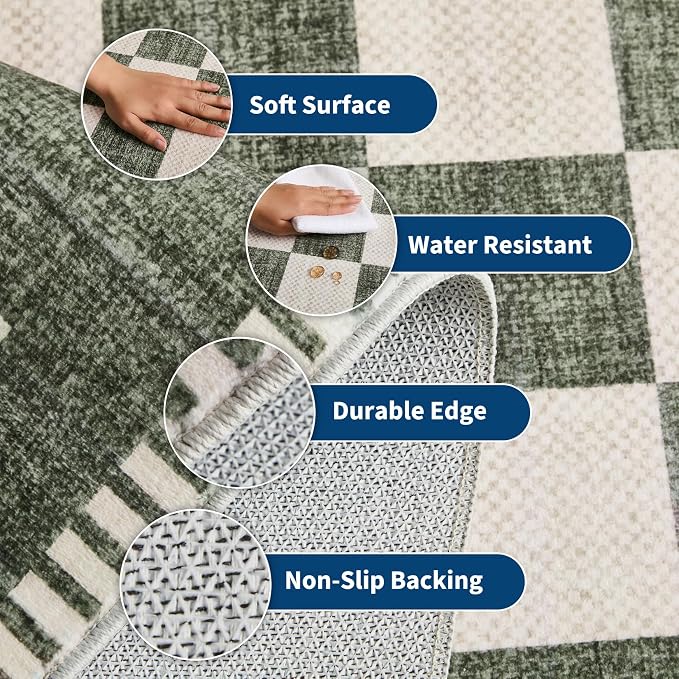 Garvee Washable 2x6 Runner Rug Checkered Sage Green Non Slip Kitchen Rugs | Low Pile Entryway Rug Soft Bathroom Rugs Stain Resistant Carpet for Bedroom Hallway Laundry 2'x6' Sage Green
