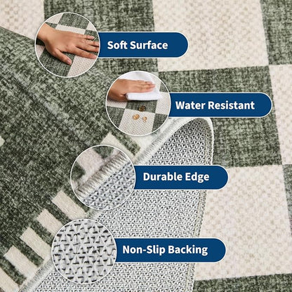 Garvee Washable 2x6 Runner Rug Checkered Sage Green Non Slip Kitchen Rugs | Low Pile Entryway Rug Soft Bathroom Rugs Stain Resistant Carpet for Bedroom Hallway Laundry 2'x6' Sage Green