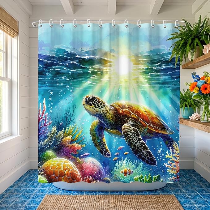 Blue Underwater Sea Turtle Shower Curtains for Bathroom,Ocean Theme and Fish Waterproof Polyester Shower Curtains,Funny Underwater Animals Theme Turtle Bathroom Decor,72x72 Inch