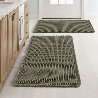 MIULEE Set of 2 Waffle Bathroom Rugs Boho Bath Mat Green 24x36 Inch | Non Slip, Super Absorbent, Washable, Ultra Soft, Rubber Backed, Large Bath Rugs for Bathroom Floor Tub Shower