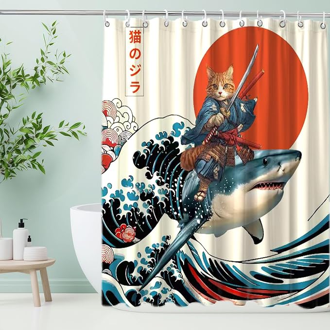 Funny Japanese Cat Shower Curtain, Cat Riding Shark Japan Anime Ocean Wave Waterproof Shower Curtain with Hooks, Funky Animal Sun Fabric Shower Curtains Kids Bathroom Decor 72X72inches