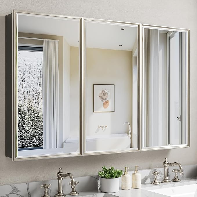Pre-Assembled Surface or Recessed Medicine Cabinet Mirror-48x30 Brushed Nickel Bathroom Medicine Cabinet with Mirror & Rustproof Aluminum Frame, Beveled Bathroom Vanity Mirror with Storage