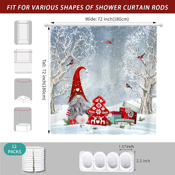Winter Christmas Shower Curtain for Bathroom 72W*72H Inch Cute Gnome Cardinals Snowflake Snowy Bird Forest Holiday Decorations Bathtub Decor Waterproof Polyester Fabric Set