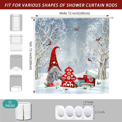 Winter Christmas Shower Curtain for Bathroom 72W*72H Inch Cute Gnome Cardinals Snowflake Snowy Bird Forest Holiday Decorations Bathtub Decor Waterproof Polyester Fabric Set