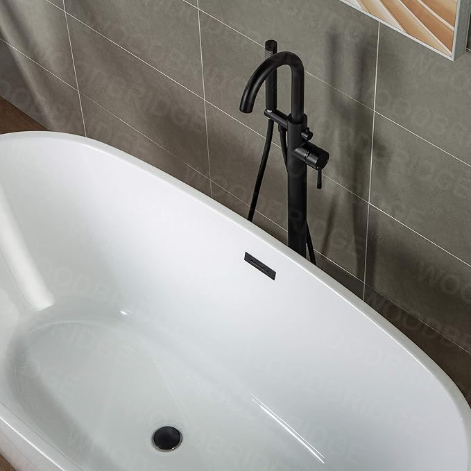 Woodbridge Contemporary Single Handle Floor Mount Freestanding Tub Filler Faucet with Hand Shower in Matte Black Finish,F0006MBRD