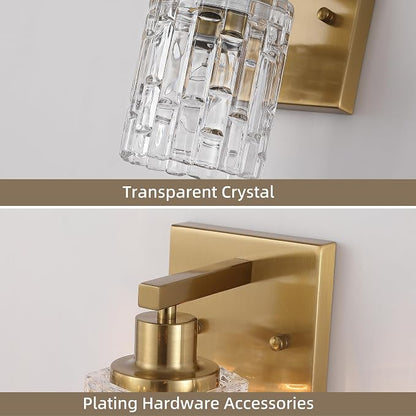 1 Light Brushed Gold Bathroom Vanity Light Over Mirror, Modern Vanity Lighting with Crystal Glass Shade, Wall Mount Bathroom Light Fixtures, E26 Base