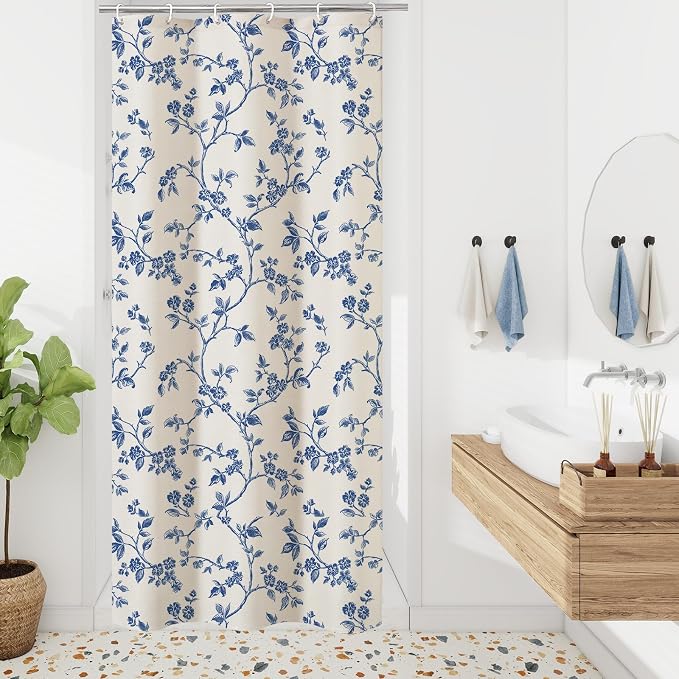 MitoVilla Small Stall Shower Curtain Set 36 x 72, Narrow Half Cotton Floral Cottagecore Spring Shower Curtains for Bathroom, Modern Farmhouse Country Plant Leaves Bathroom Décor