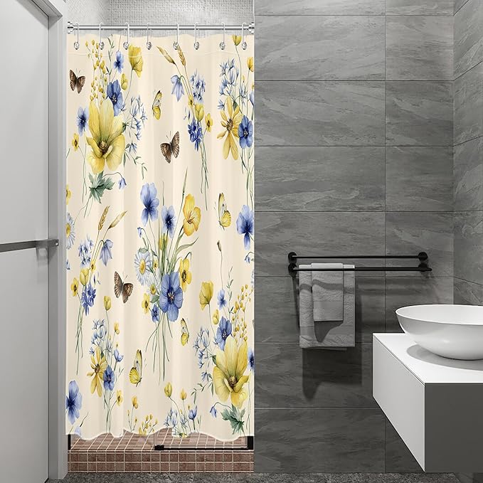 HVEST Wildflower Shower Curtain for Bathroom, Blue and Yellow Floral and Wheat with Butterfly Shower Curtain with Hook, Country Daisy Flower on Beige Shower Curtain Set Bathroom Decor, 48X72 inch