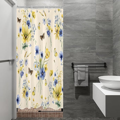 HVEST Wildflower Shower Curtain for Bathroom, Blue and Yellow Floral and Wheat with Butterfly Shower Curtain with Hook, Country Daisy Flower on Beige Shower Curtain Set Bathroom Decor, 48X72 inch