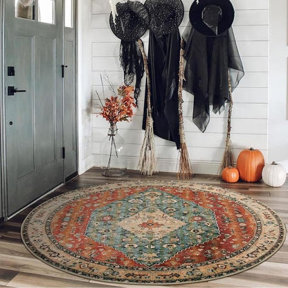 Lahome Boho Tribal Round Rug 4ft Washable Bedroom Round Area Rugs for Entryway, Soft Living Room Circular Rugs, Oriental Non-Slip Foyer Throw Mat Carpet for Nursery Kitchen (Rust/Dull Teal,4ft-Round)