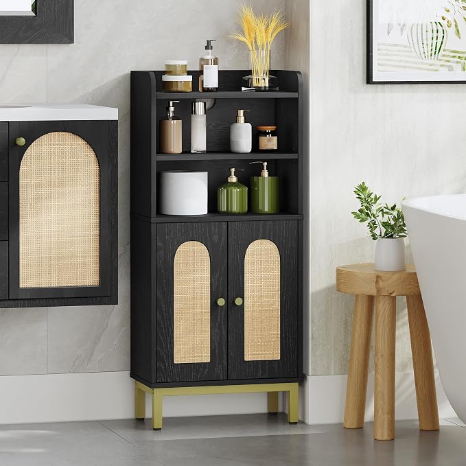 Hzuaneri Bathroom Storage Cabinet, Small Floor Cabinet with 2 Door | Toilet Paper Cabinets, Bathroom Organizer with Adjustable Shelf, for Small Spaces,Rattan Black,Arch Door,7.1" Dx14.6 Wx32.7 H