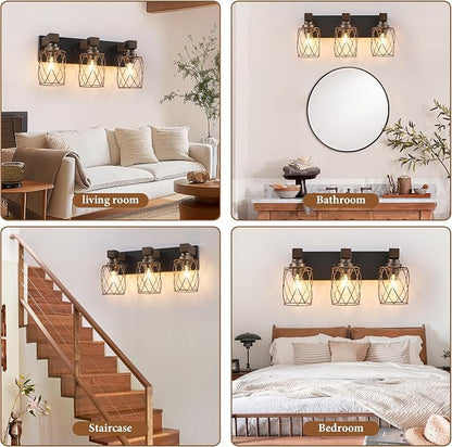 3-Light Black Gold Farmhouse Vanity Light, Wood & Metal Cage Shade | Mounted Over Mirror, Industrial Rustic Style, Ideal for Bathroom, Bedroom, Hallway & Living Room, Easy To Install