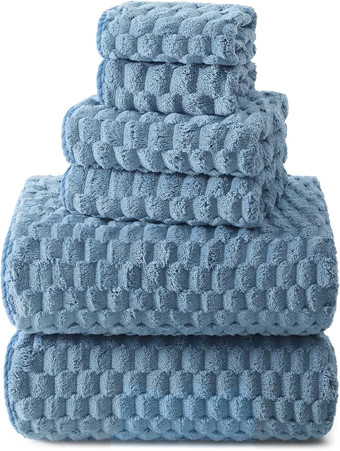 REDKISS Blue Microfiber Towels Set 6 Pack - 35x70 Inches Oversized Bath Sheets, Extra Large Bath Towels, Super Soft Quick Dry Lint Free Absorbent Waffle Microfiber Shower Towels