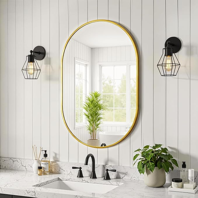 Oval Bathroom Mirror for Wall, 20"x30" Gold Bathroom Vanity Mirror | HD Shatterproof Glass, Metal Framed, Oval Vanity Mirrors for Bathroom, Bedroom, Living Room, Entryway, Horizontal or Vertical