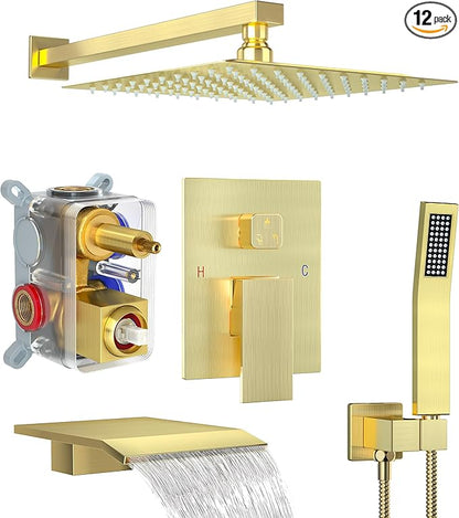 Shower System with Tub Spout, 10-Inch High-Pressure Rain Showerhead and Handheld Combo, Brushed Gold Shower Faucet Set with Rough-in Valve and Trim, Wall Mounted 3-Way Shower Set