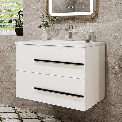 30 Inch Floating Bathroom Vanity - White Modern Wall Mounted Vanity with Sink, Soft-Close Two Drawers, Black Handles & Smooth Motion Glides (White, 30")