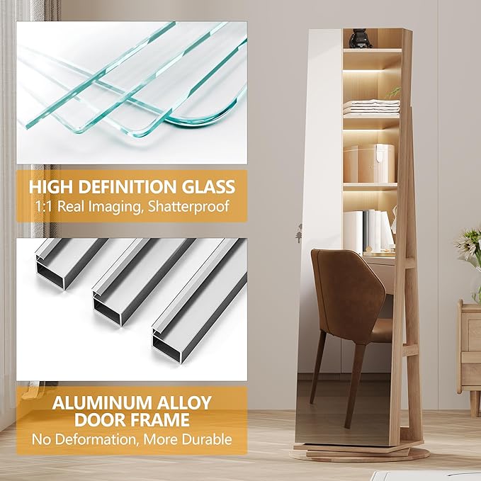 LVSOMT Standing Jewelry Cabinet with Sliding Full Length Mirror, Wood | 360° Swivel Mirror with Jewelry Storage, Lockable Jewelry Armoire Organizer with 3 Rear Shelves for Bedroom, Gift for Women