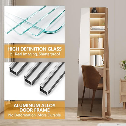 LVSOMT Standing Jewelry Cabinet with Sliding Full Length Mirror, Wood | 360° Swivel Mirror with Jewelry Storage, Lockable Jewelry Armoire Organizer with 3 Rear Shelves for Bedroom, Gift for Women