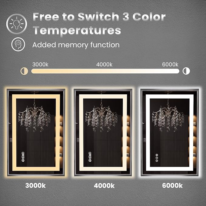 LED Bathroom Mirror 48"X30", Front Light and Backlit(Brushed Silver) | Metal Framed Mirror, Stepless Dimmable, Anti-Fog, HD Reflection, Shatter-Proof, Memory, 3 Colors, Double LED Vanity Mirror.