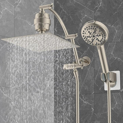 Hibbent 12" Dual Filtered Shower Head 10-spray Handheld, Brushed Nickel | All Metal High Pressure Rainfall Shower Head Combo with Filter, 16" Extension Arm, 3-way Diverter, 71" Hose & Shower Holder