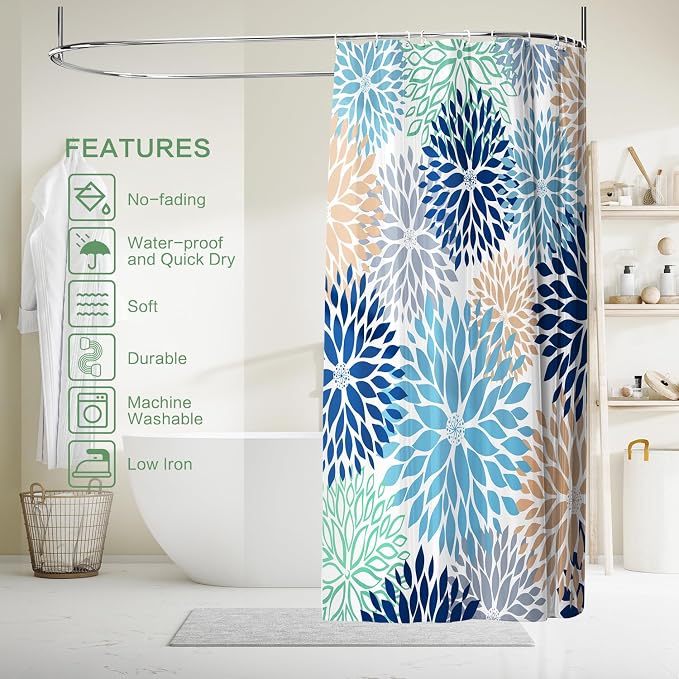 Shower Curtain Dahlia, Floral Shower Curtain Teal Blue Flowers Shower Curtains with Hooks for Bathroom Waterproof Polyester Fabric Machine Washable Home Farmhouse Decor Bath Curtains 72 X 72 Inches