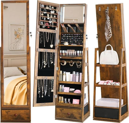 360° Swivel Full Length Mirror Jewelry Cabinet Standing With Built-In Mirror Jewelry Armoire With Mirror Drawers, Lockable Storage Christmas Gift Rustic Brown