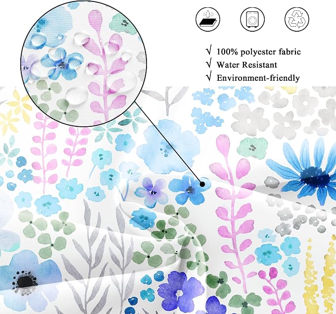 Small Stall Blue Floral Boho Wildflower Plant Bathroom Shower Curtain Set | 36"W x 72"H Watercolor Leaves; waterproof HD print, quick-dry fabric with 12 hooks for easy hanging.