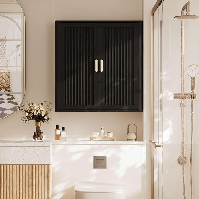 INNOD Bathroom Storage Cabinet, Over The Toilet Storage Cabinet, Medicine Cabinet with Adjustable Wood Shelf & Doors for Laundry Room & Kitchen & Living Room(Black)