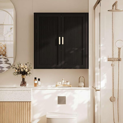 INNOD Bathroom Storage Cabinet, Over The Toilet Storage Cabinet, Medicine Cabinet with Adjustable Wood Shelf & Doors for Laundry Room & Kitchen & Living Room(Black)