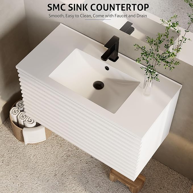 eclife 36" Floating Bathroom Vanity with Sink Combo Mid-Century Wall Mounted Cabinet with Wood Stripes Decor, Drawers, Undermount Single Sink, Faucet, Drain, Mixed White