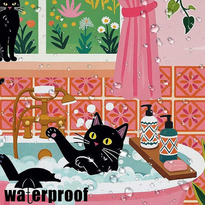 Accnicc Funny Cat Shower Curtain for Bathroom 72 X 78 Inches | Boho Cute Fun Black Cats Long Shower Curtains, Tropical Plant Pink Bathroom Decor, Water-Resistant Washable Polyester Fabric