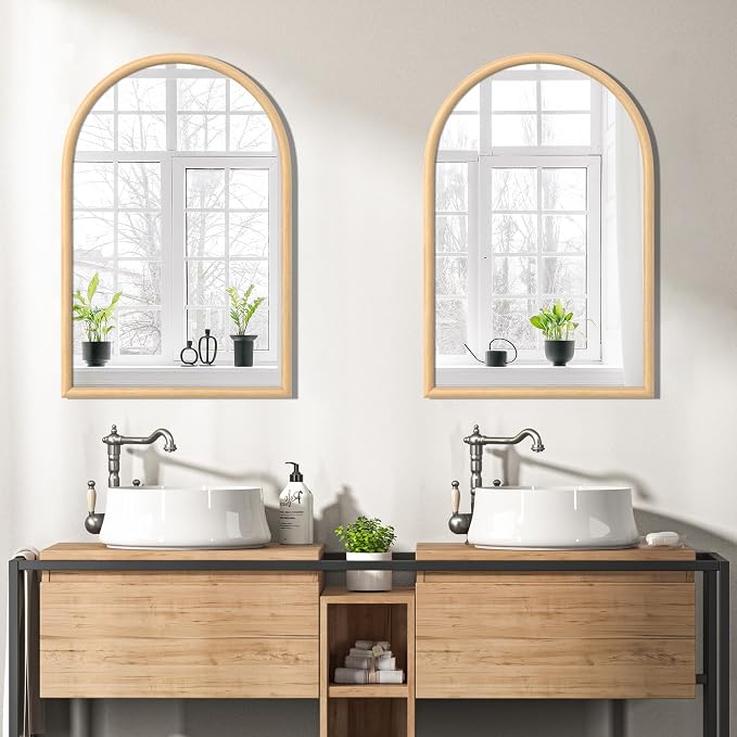 20"x30" Arch Wall Mirror for Wall, Wall Mounted Vanity Mirror for Bedroom, Wood Grain Finish Frame Mirror with Tempered Glass, Vintage Decorative for Bathroom, Entryway, Living Room, Natural
